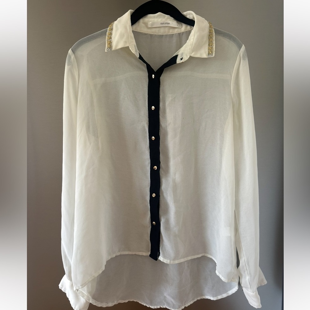 Sheer Long-Sleeve Button-Up Top in ivory with Black Trim